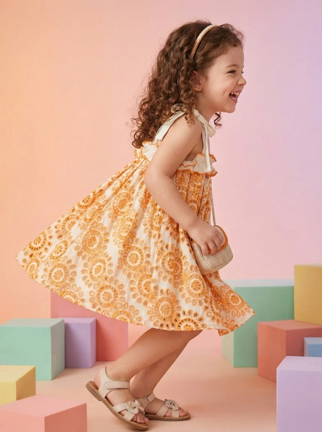 Joy coral schiffli cotton kids dress - Image 2