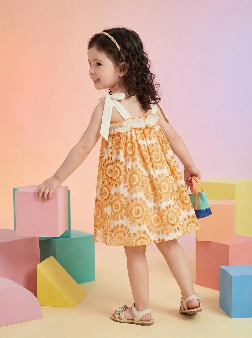 Joy coral schiffli cotton kids dress - Image 3