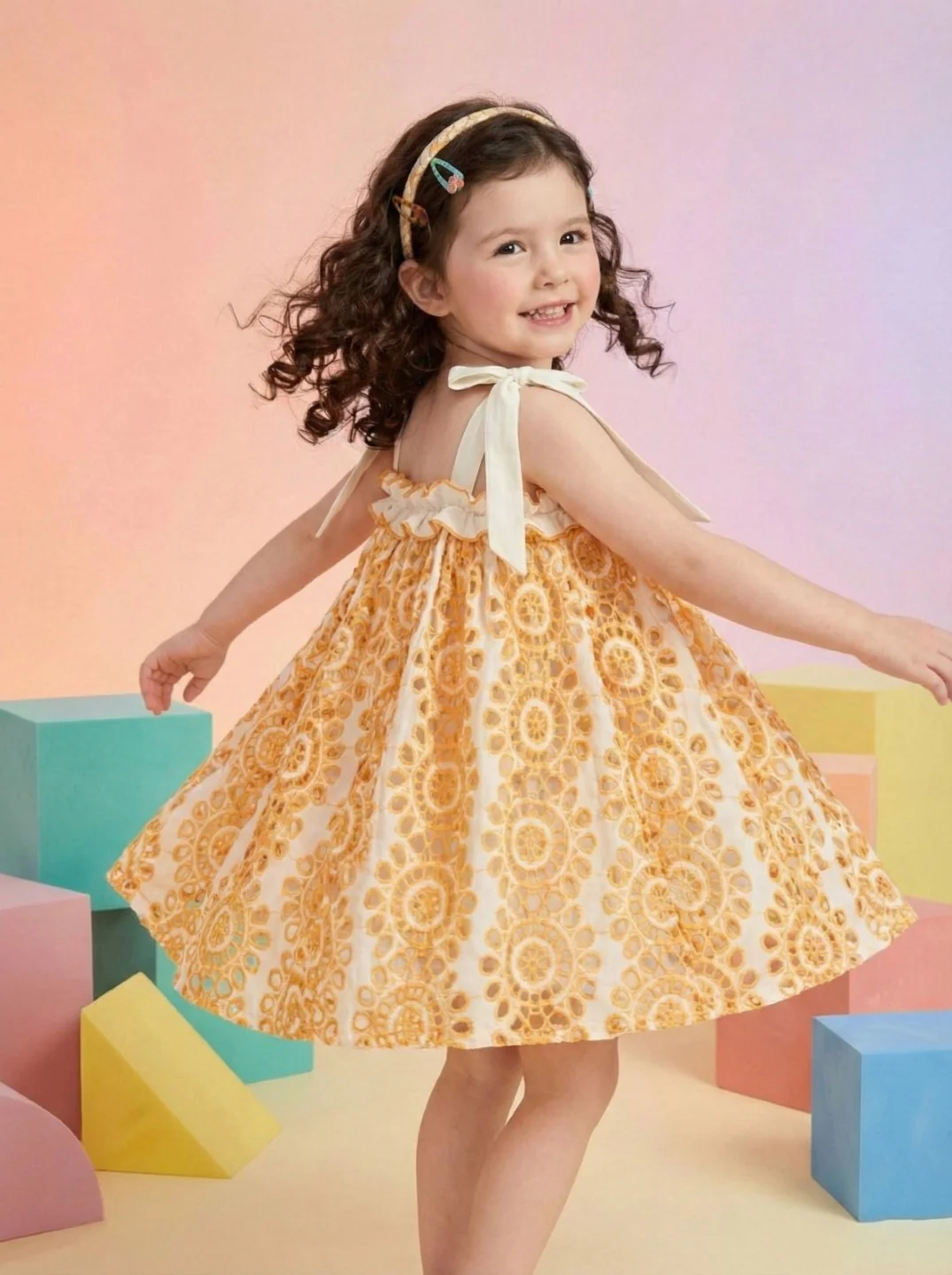 Joy coral schiffli cotton kids dress - Image 7