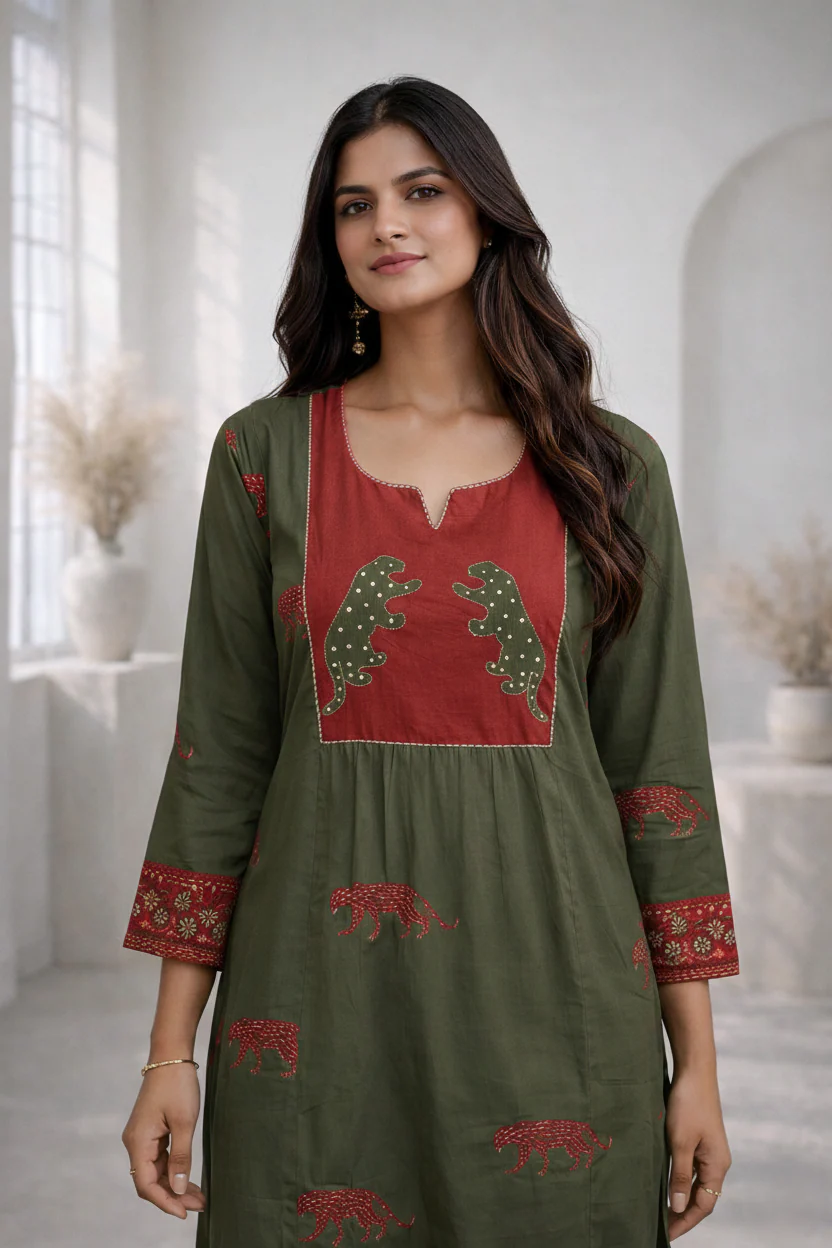 Abira Olive Printed Kurta pant set - Image 2
