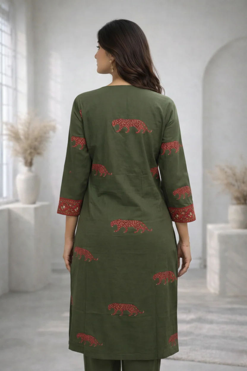Abira Olive Printed Kurta pant set - Image 3