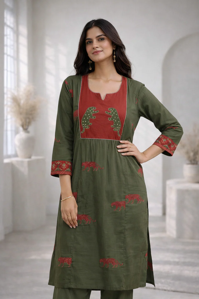 Abira Olive Printed Kurta pant set - Image 4