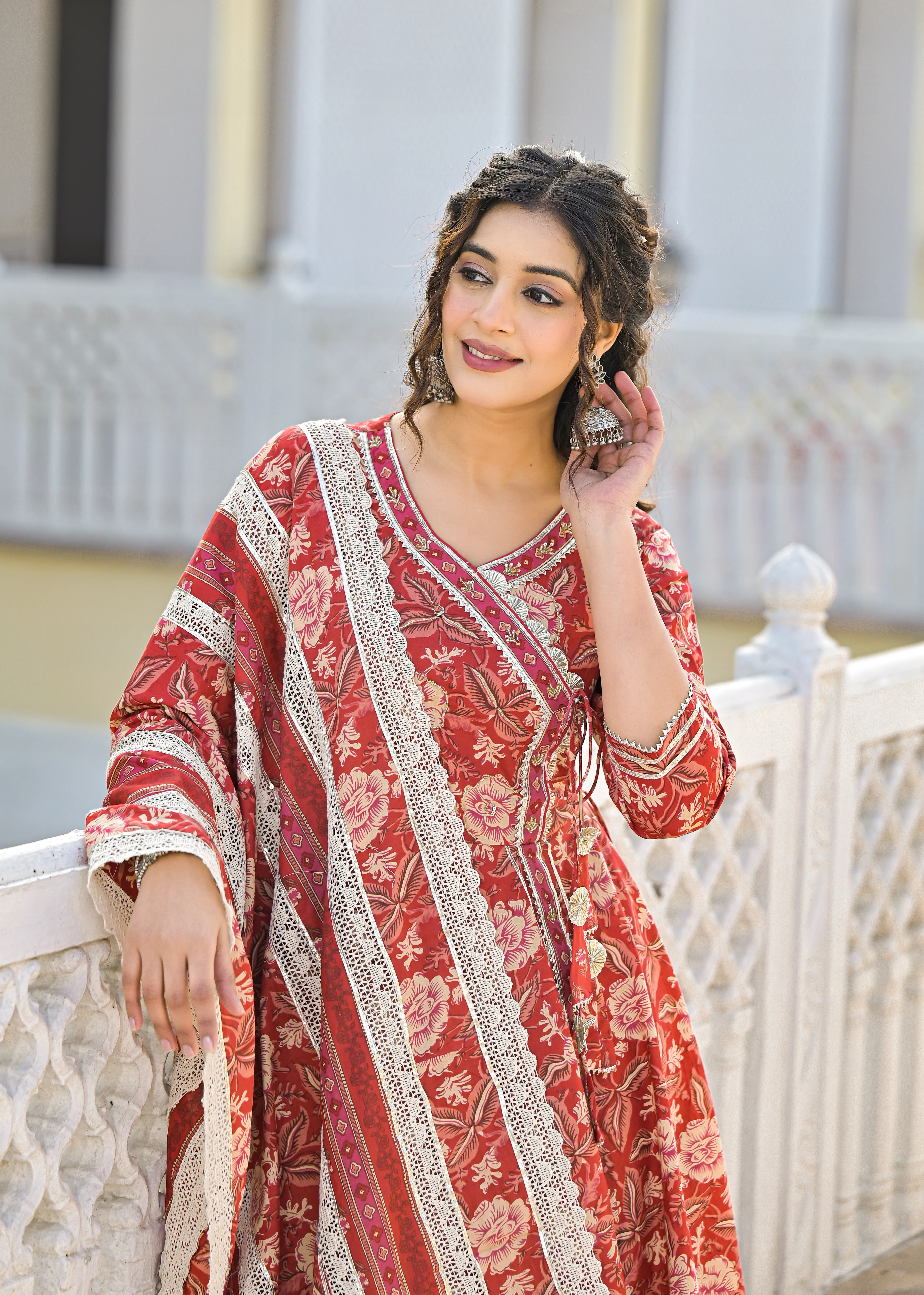 Ishika Crimson Premium Cotton Anarkali Suit Set - Image 2