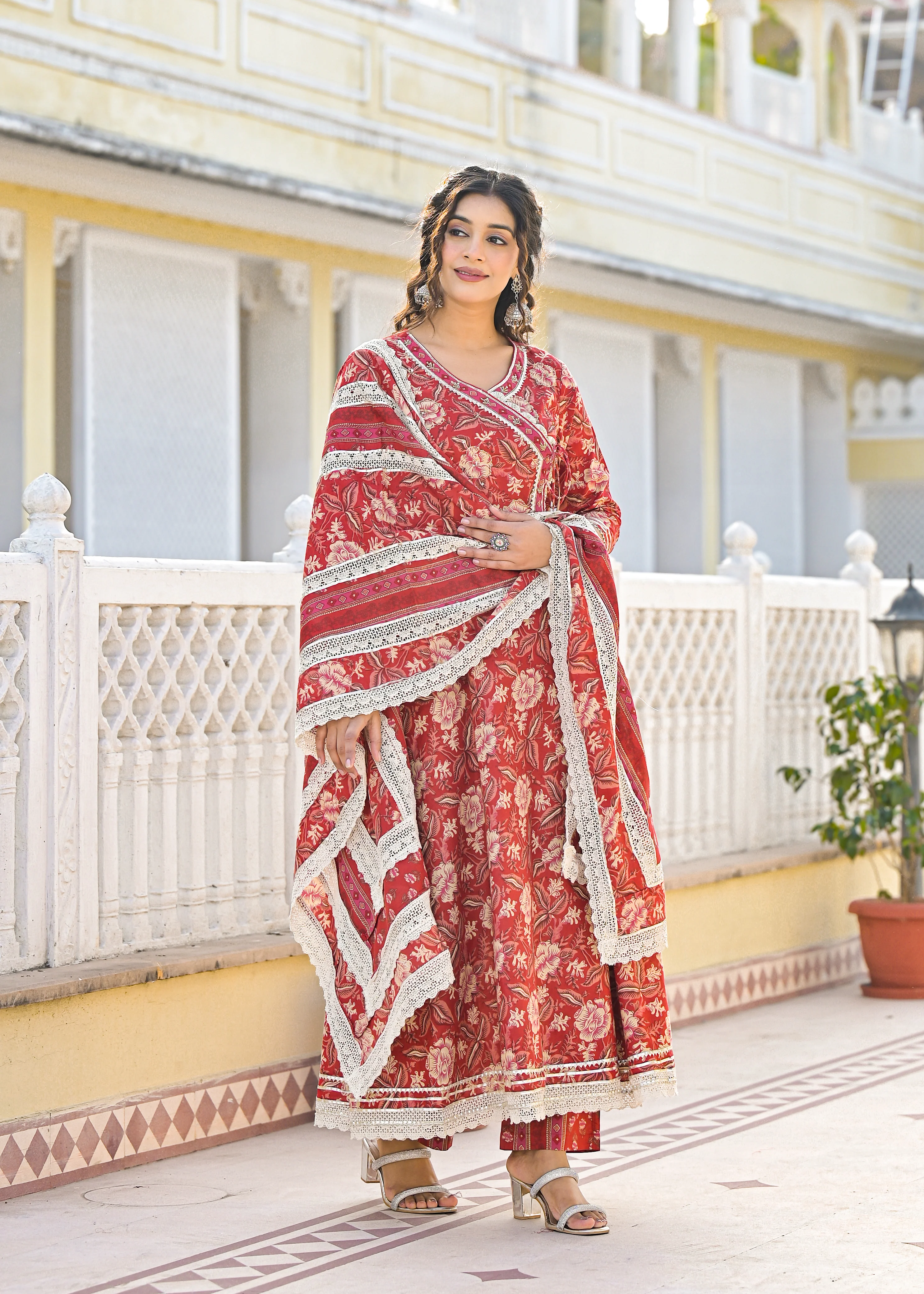 Ishika Crimson Premium Cotton Anarkali Suit Set - Image 4