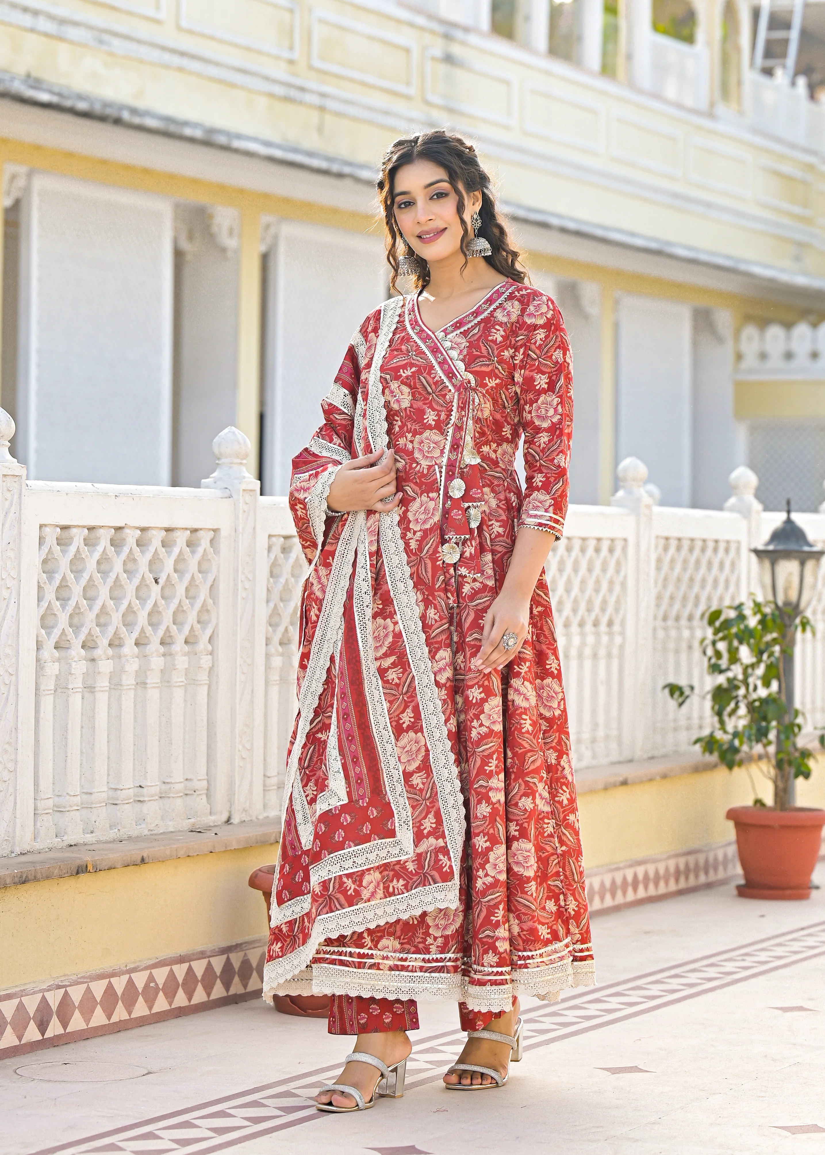 Ishika Crimson Premium Cotton Anarkali Suit Set - Image 5