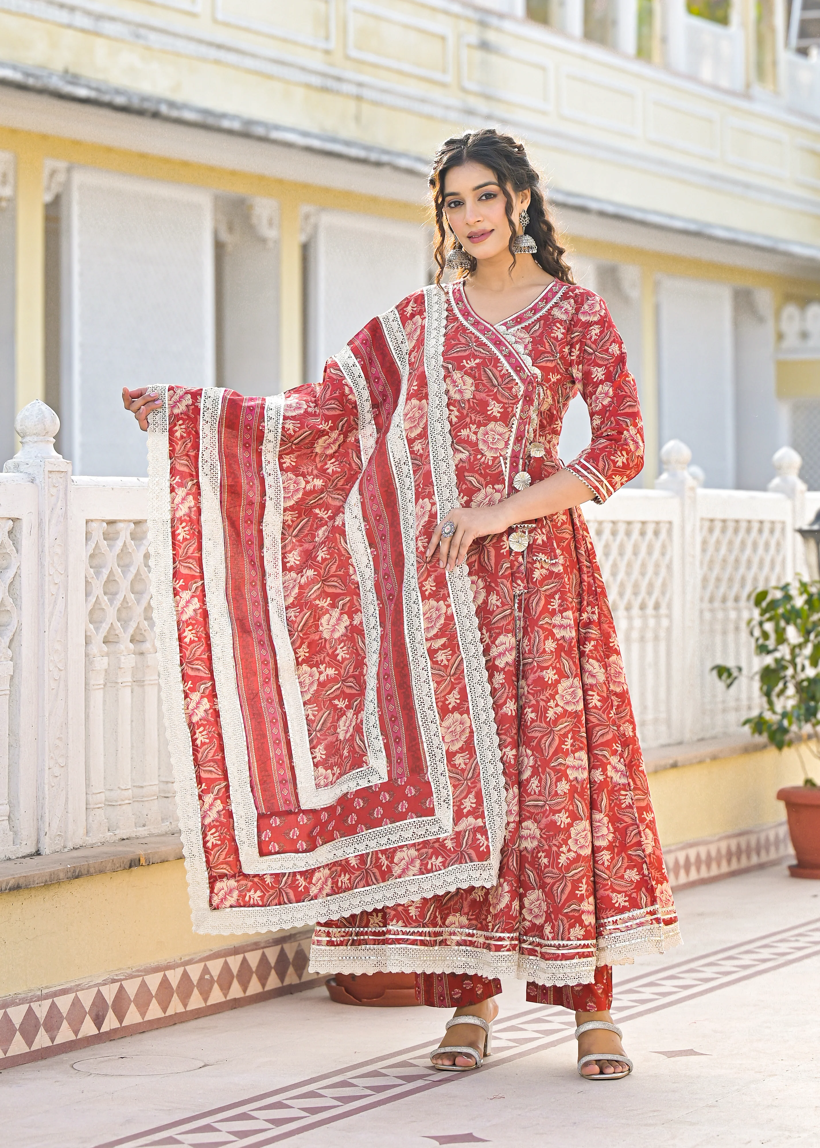 Ishika Crimson Premium Cotton Anarkali Suit Set - Image 6