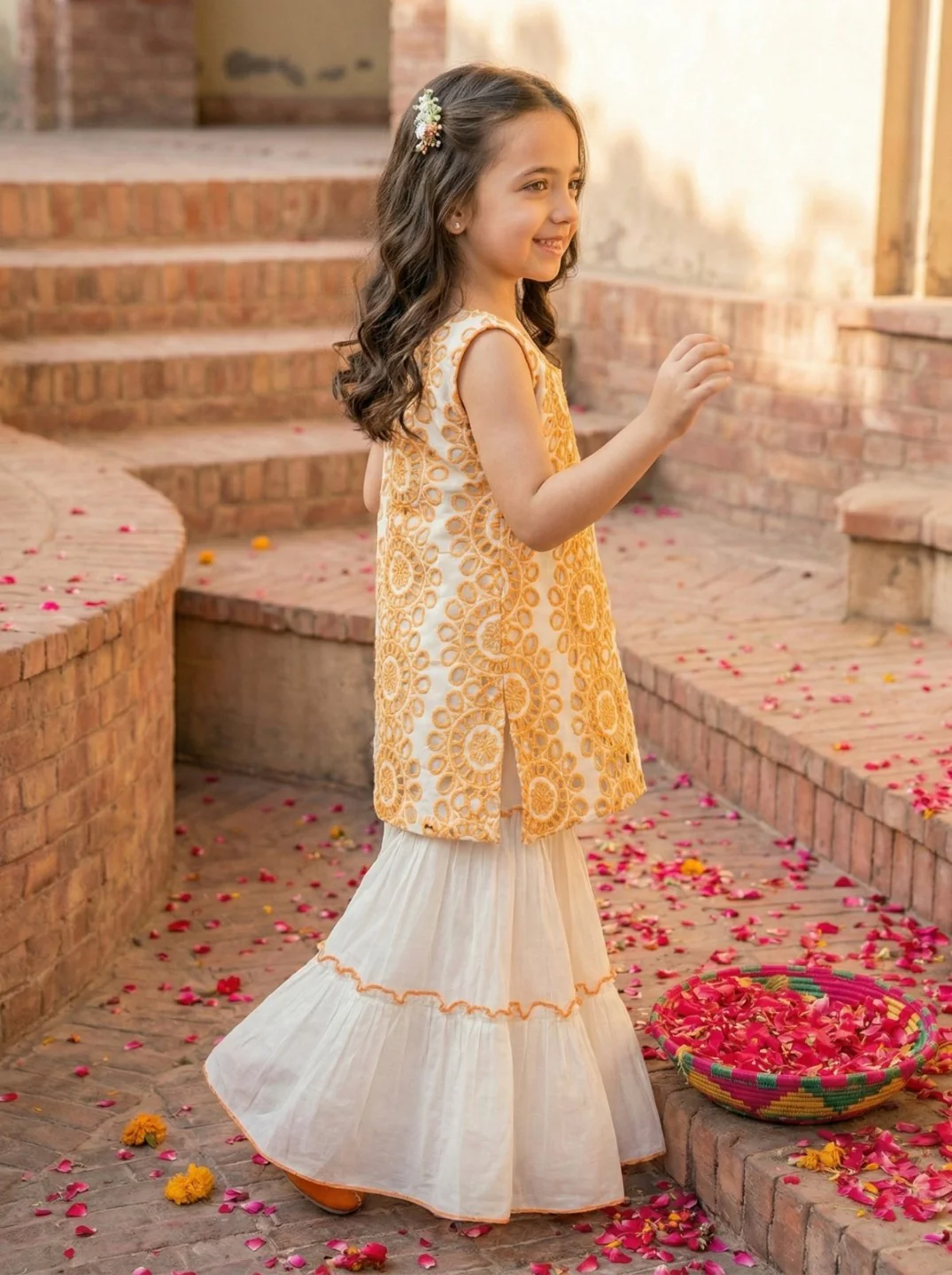 Joy lava schiffli kids cotton suit set - Image 4
