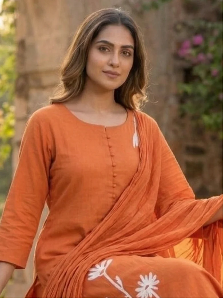 Tanu tangerine cotton embroidery suit set - Image 2