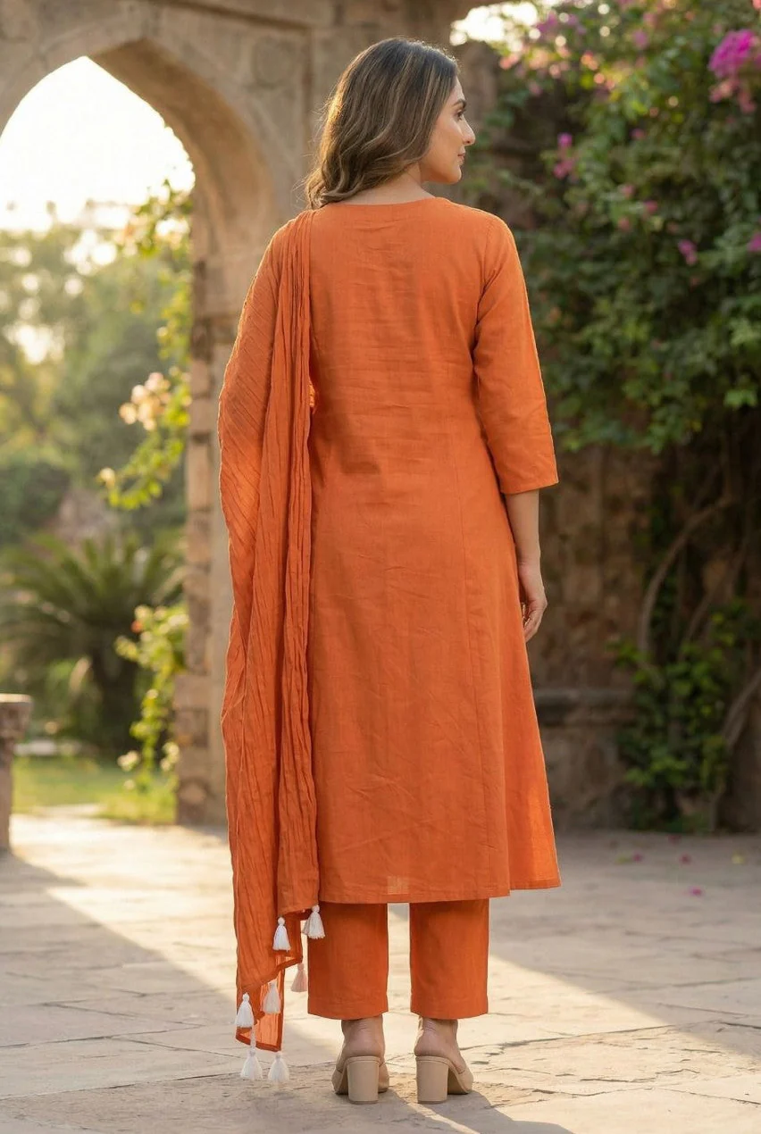 Tanu tangerine cotton embroidery suit set - Image 3