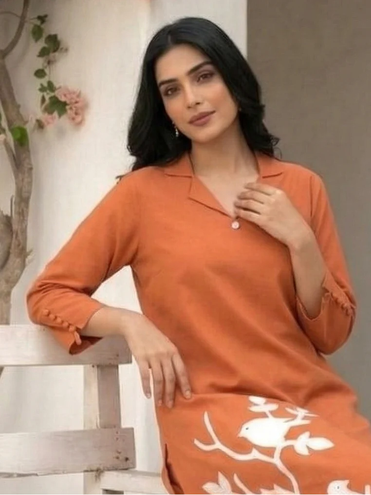 Tanu apricot emboidery cotton kurta pant set - Image 2