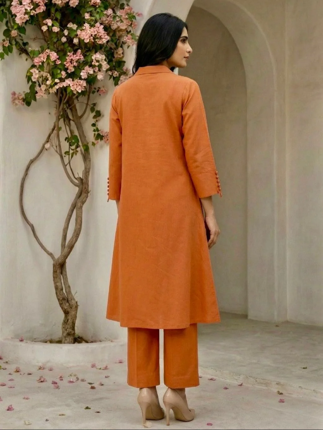 Tanu apricot emboidery cotton kurta pant set - Image 3