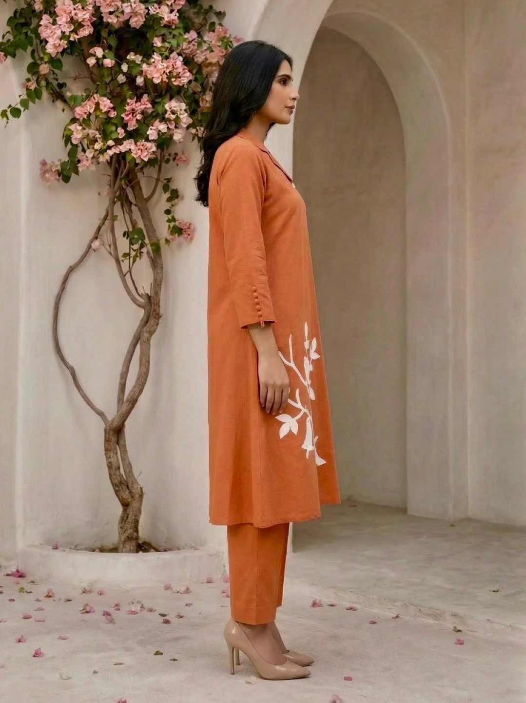Tanu apricot emboidery cotton kurta pant set - Image 4