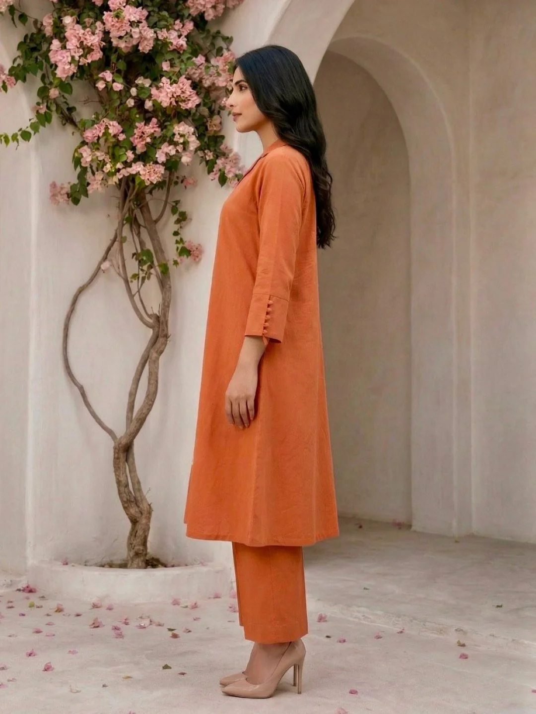 Tanu apricot emboidery cotton kurta pant set - Image 5