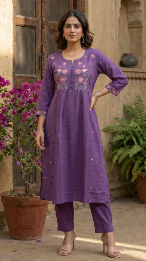 Chandri Lavender Embroidered Kurta Pant Set - Image 4