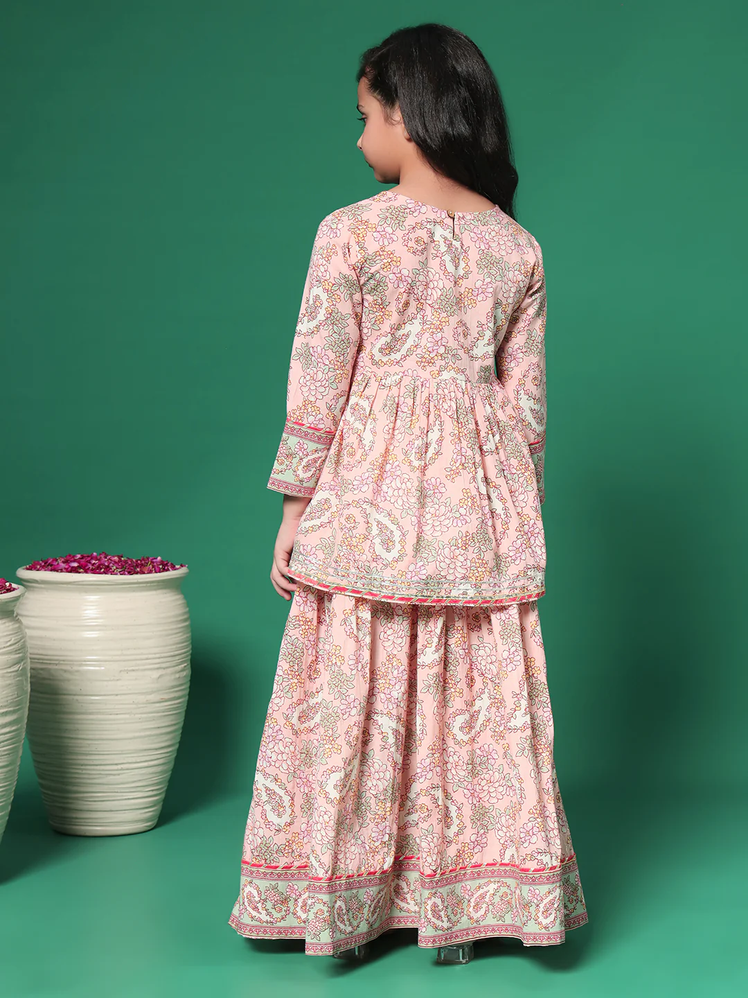 Indra Salmon Printed kids Cotton Kurta skirt set - Image 3