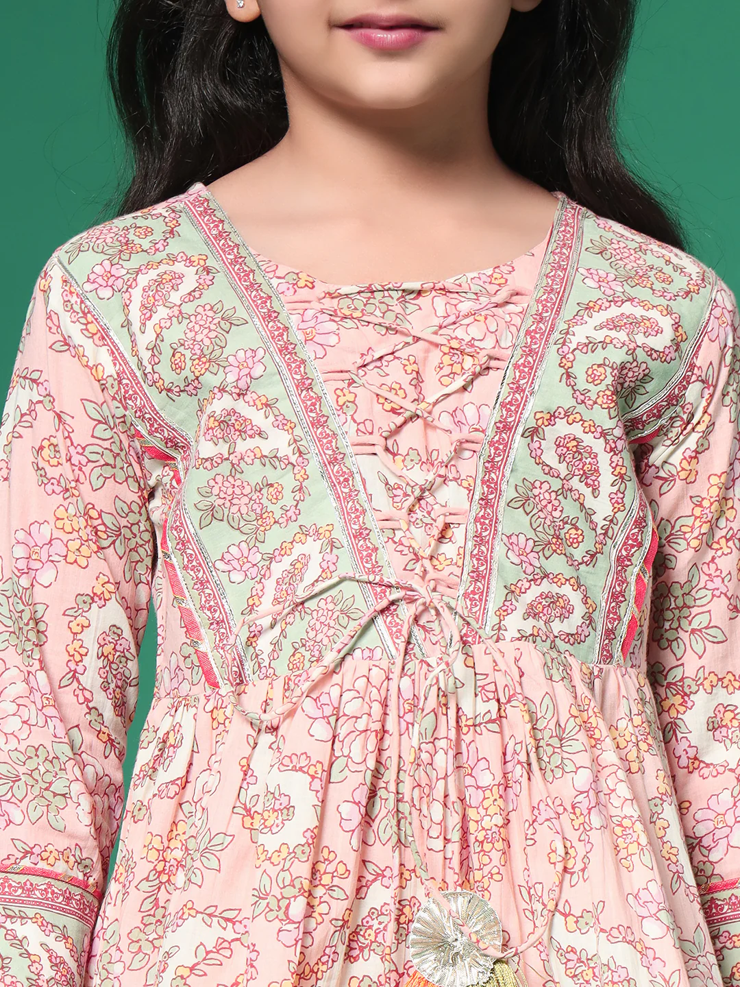 Indra Salmon Printed kids Cotton Kurta skirt set - Image 4