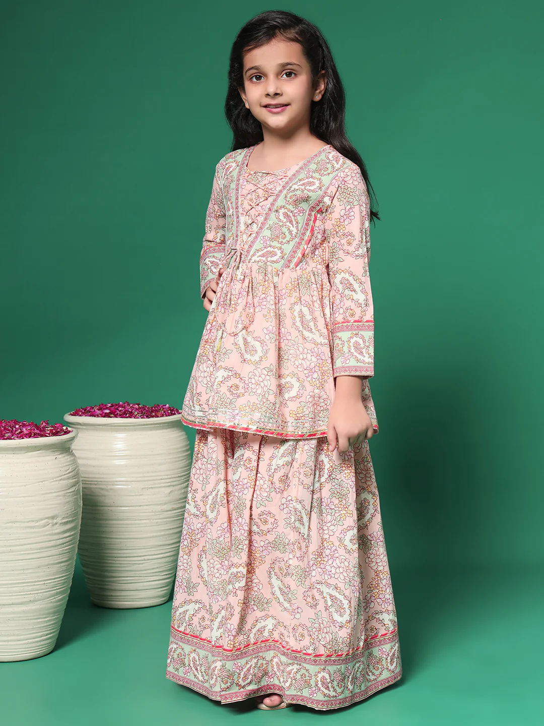 Indra Salmon Printed kids Cotton Kurta skirt set - Image 5