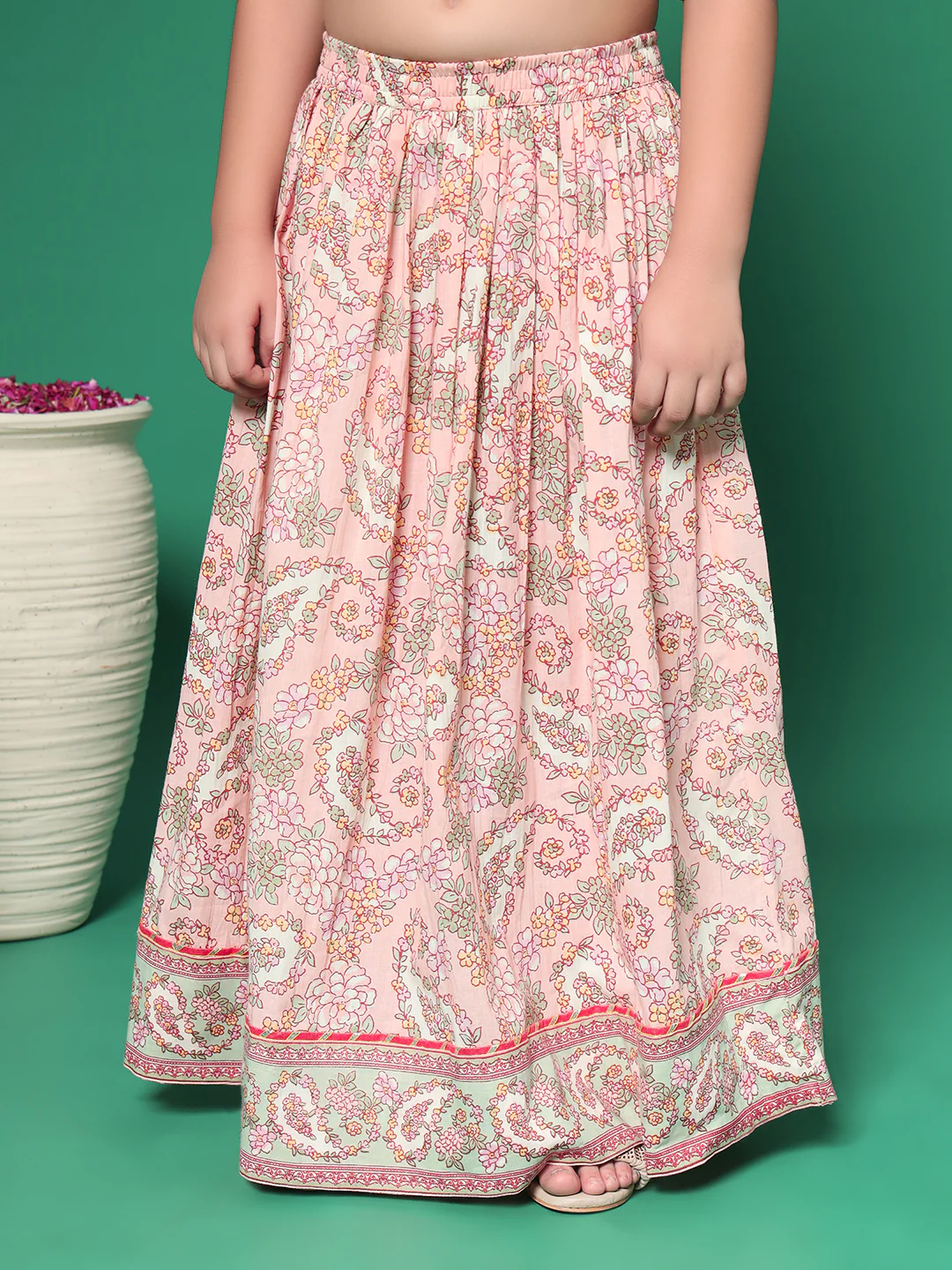 Indra Salmon Printed kids Cotton Kurta skirt set - Image 6
