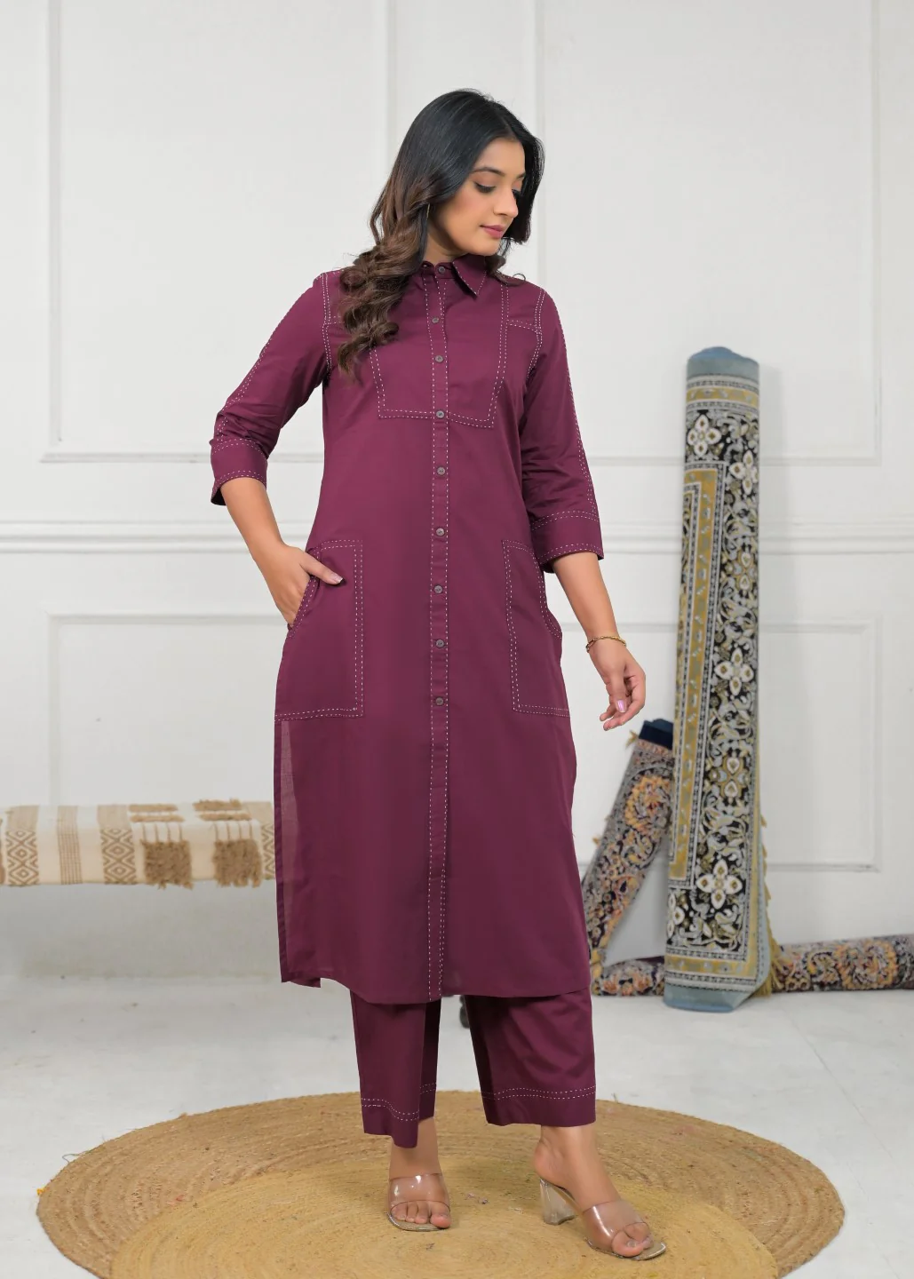 Ridhika Berry Cotton Kurta Pant Set - Image 4