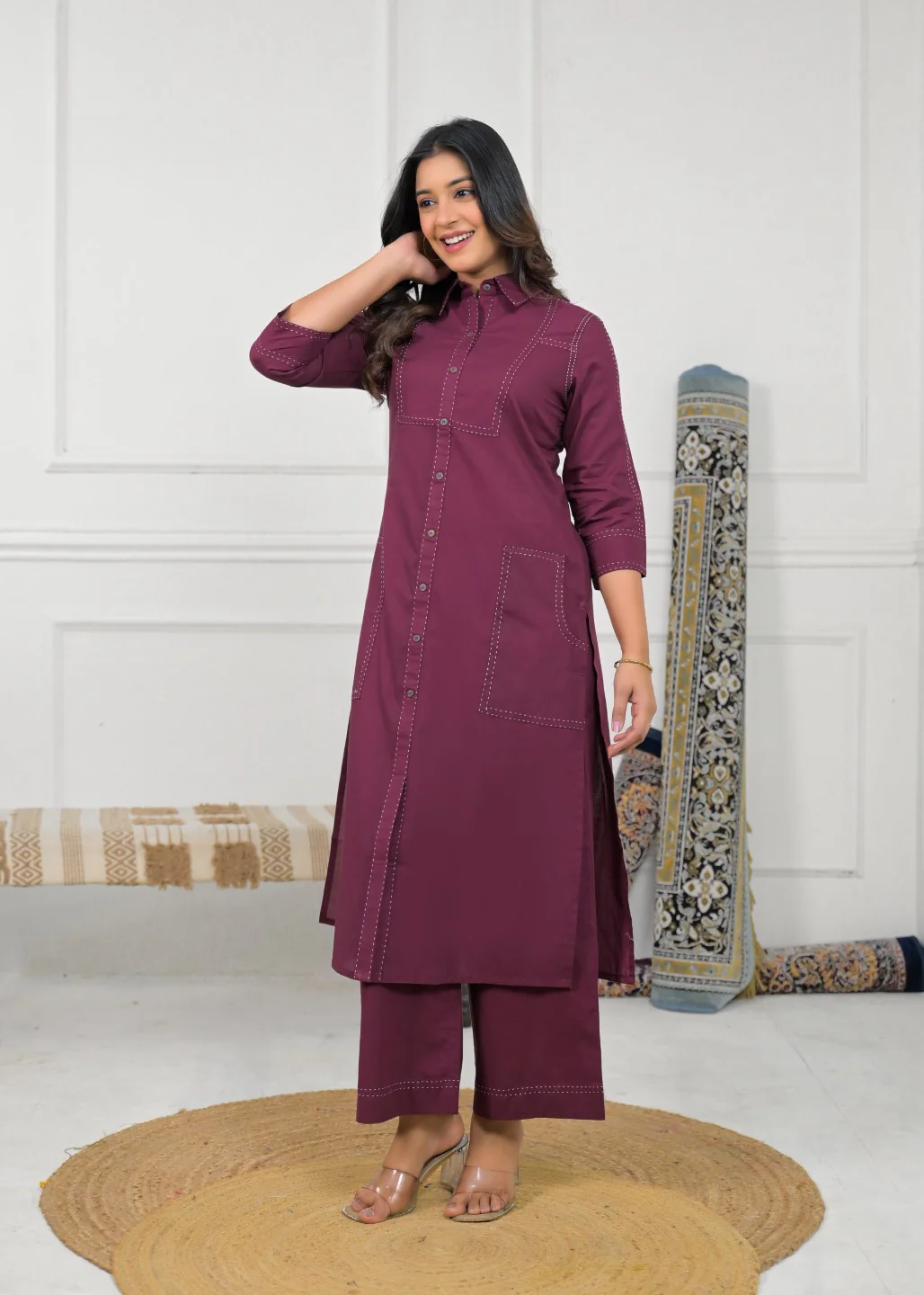 Ridhika Berry Cotton Kurta Pant Set - Image 5