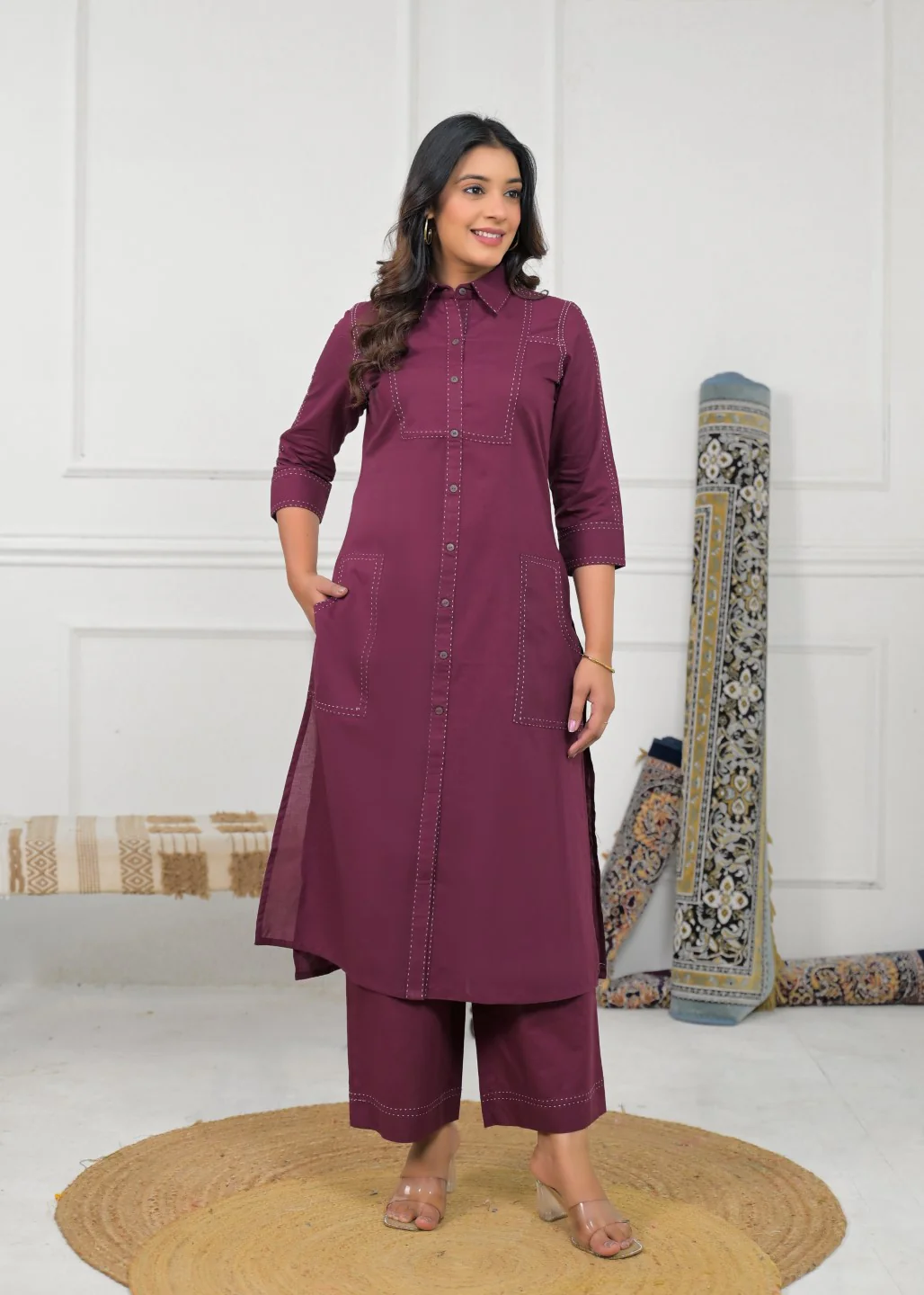 Ridhika Berry Cotton Kurta Pant Set - Image 6