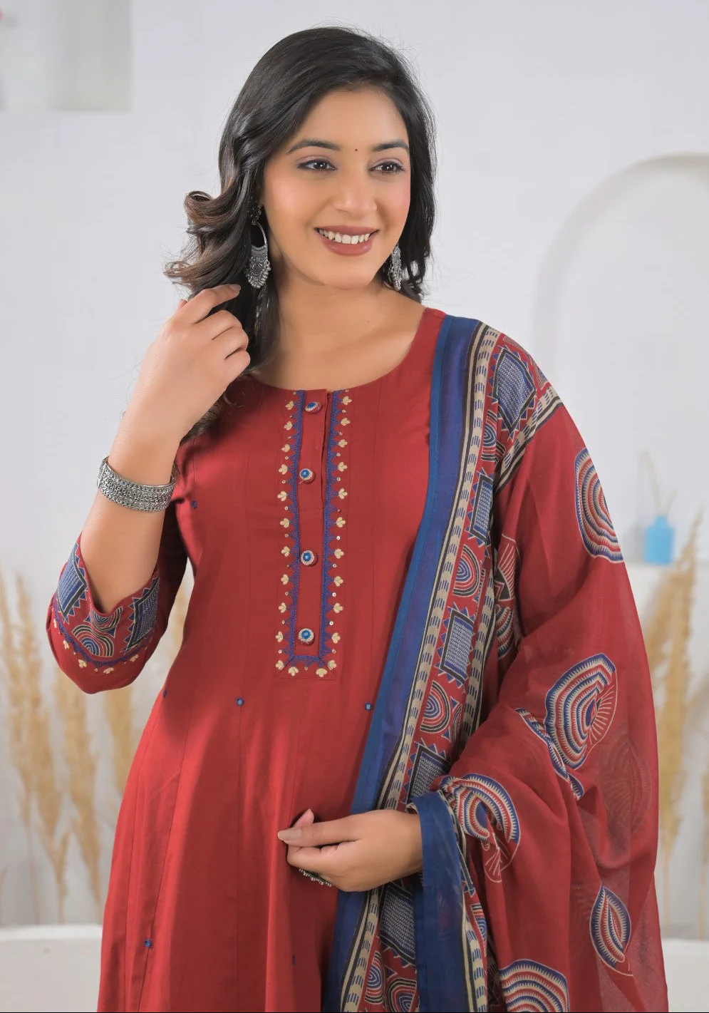 Ridhika Carmine cotton anarkali suit set - Image 2