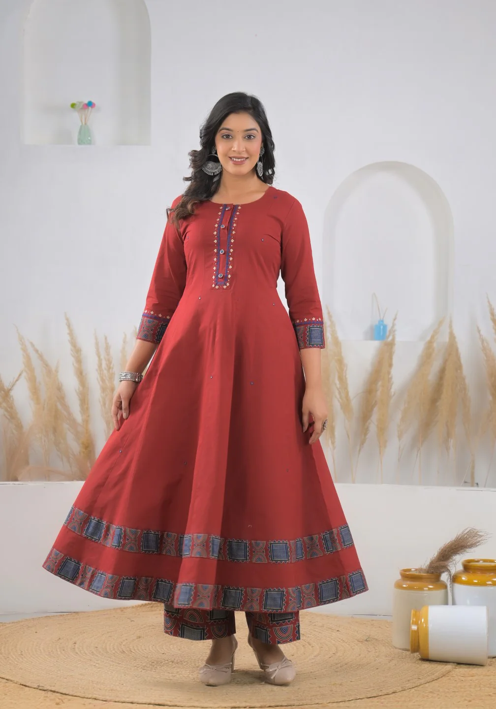 Ridhika Carmine cotton anarkali suit set - Image 4