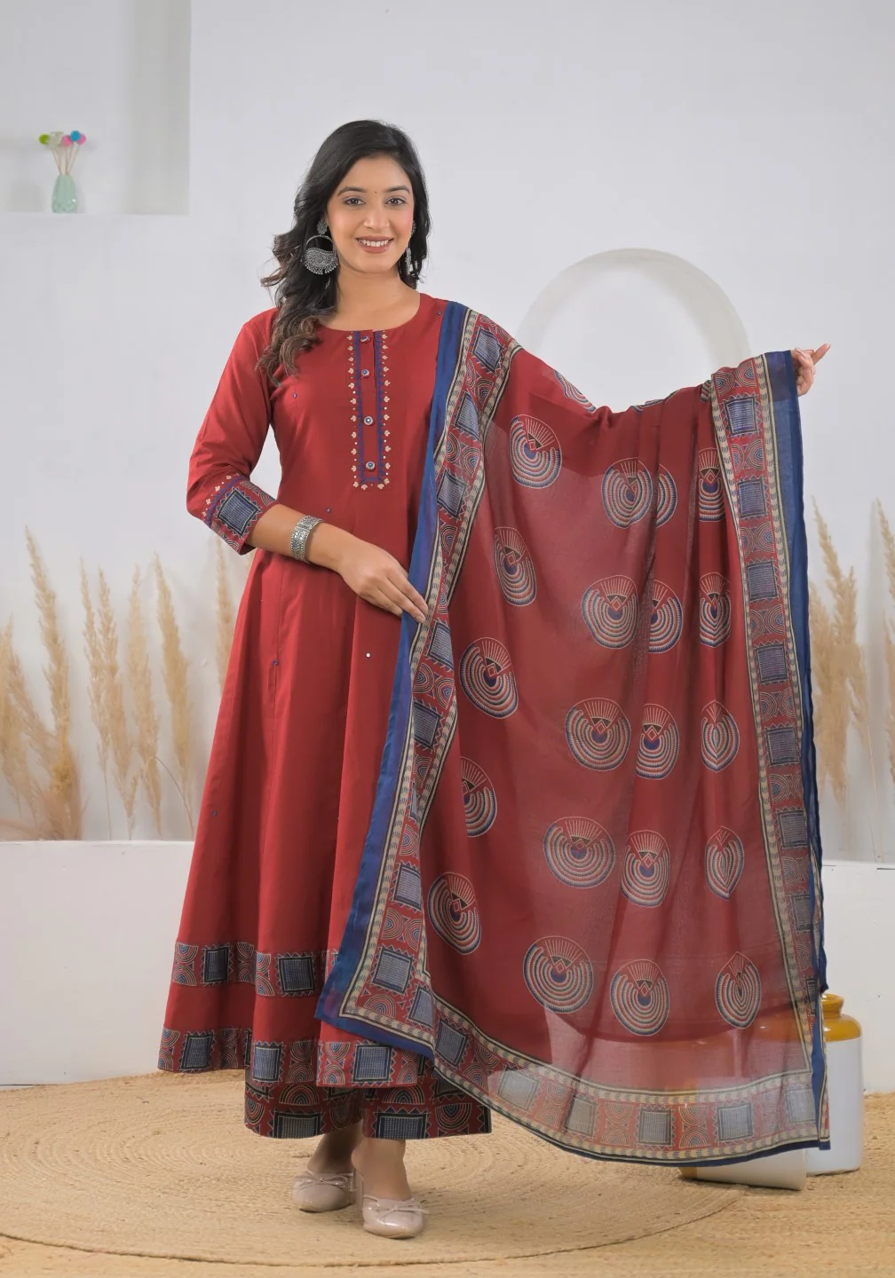 Ridhika Carmine cotton anarkali suit set - Image 5