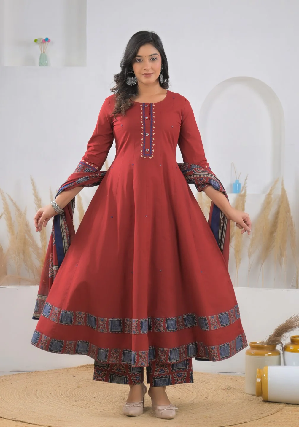 Ridhika Carmine cotton anarkali suit set - Image 6