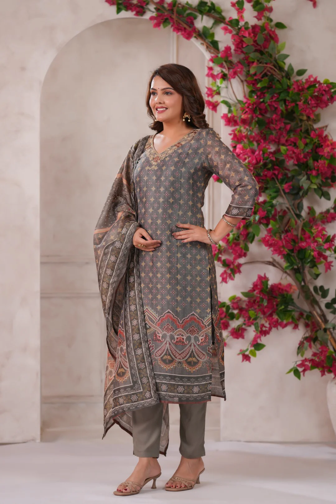 Nabha Olive Printed Work Suit Set - Image 3