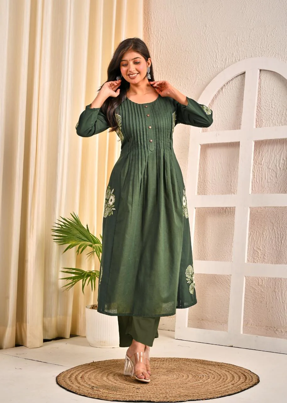 Sarvari Olive Embroidery Kurta Pant Set - Image 5