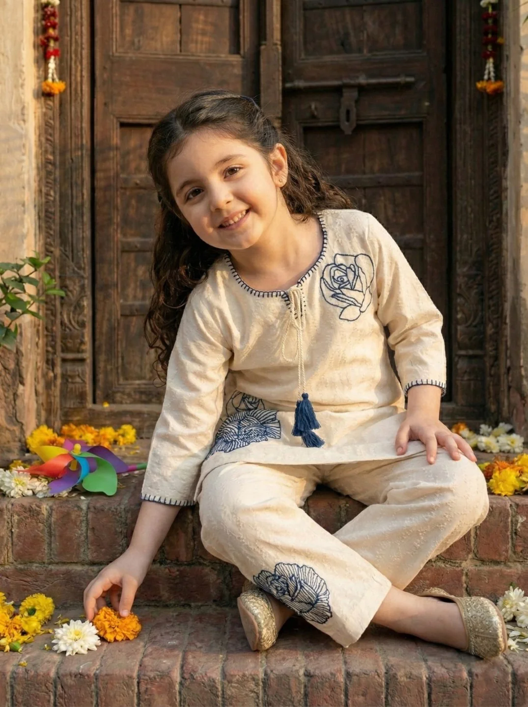 Joy vanilla embroidery kids cotton kurta set - Image 2