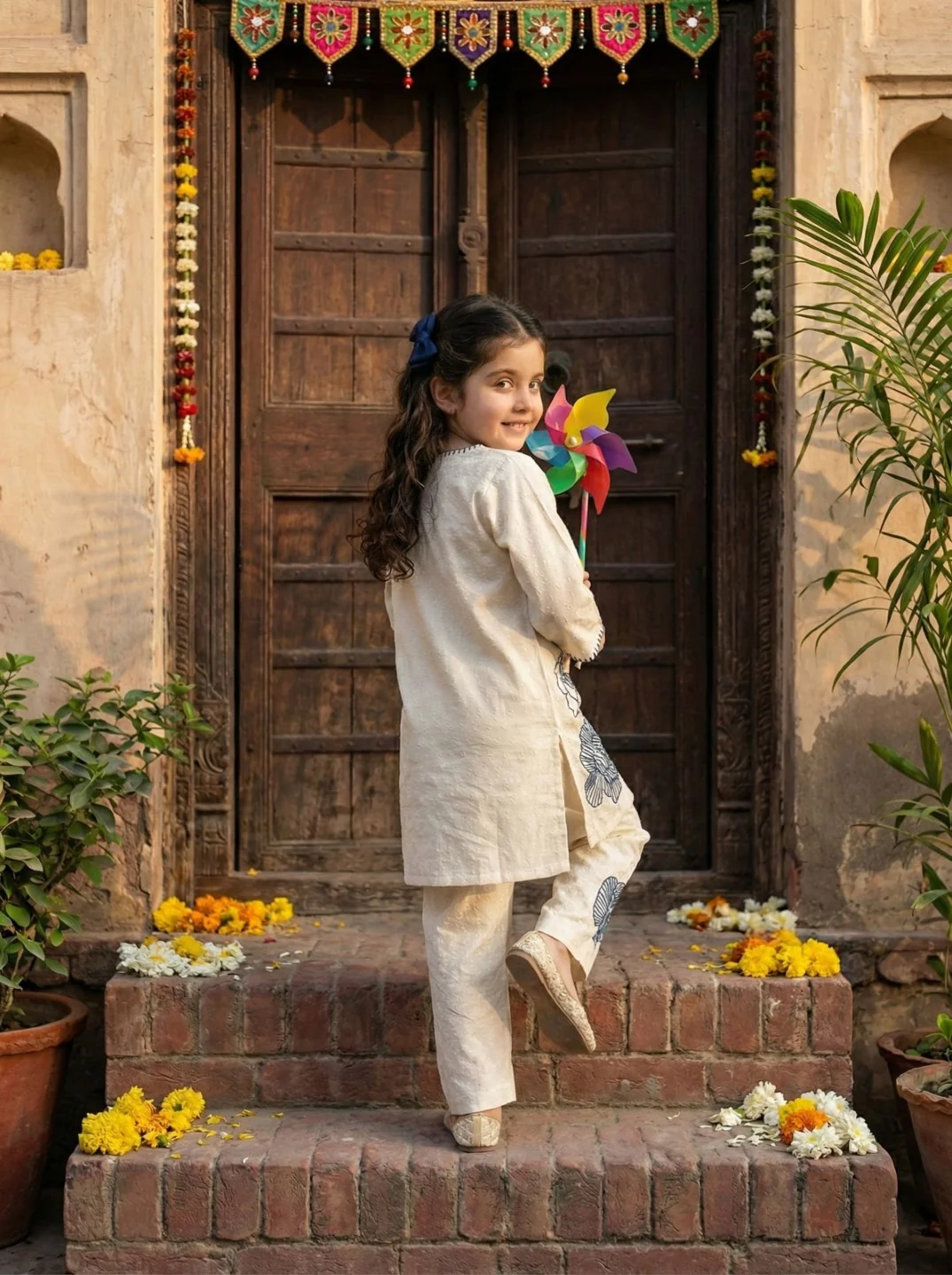 Joy vanilla embroidery kids cotton kurta set - Image 5