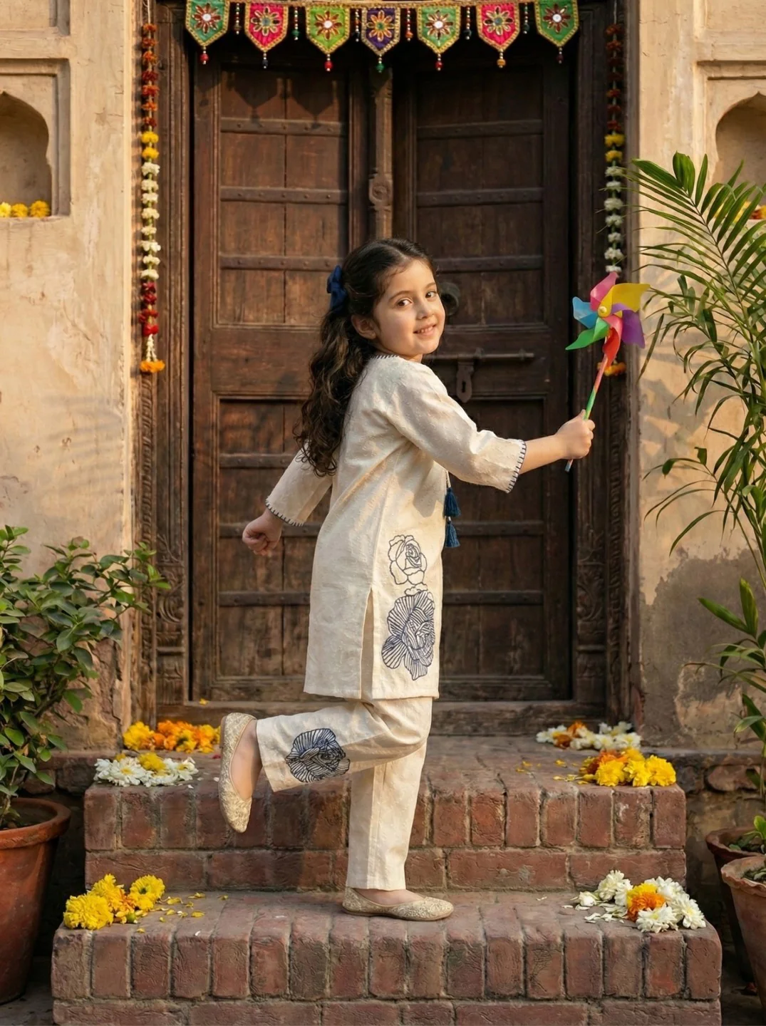 Joy vanilla embroidery kids cotton kurta set - Image 6