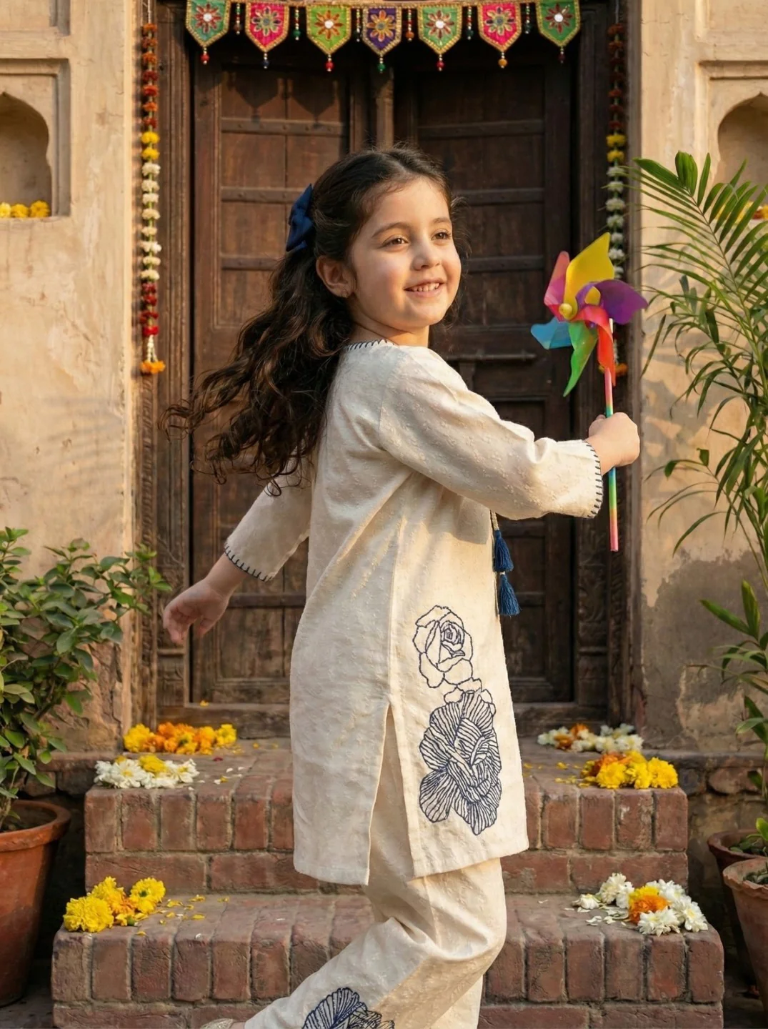 Joy vanilla embroidery kids cotton kurta set - Image 7