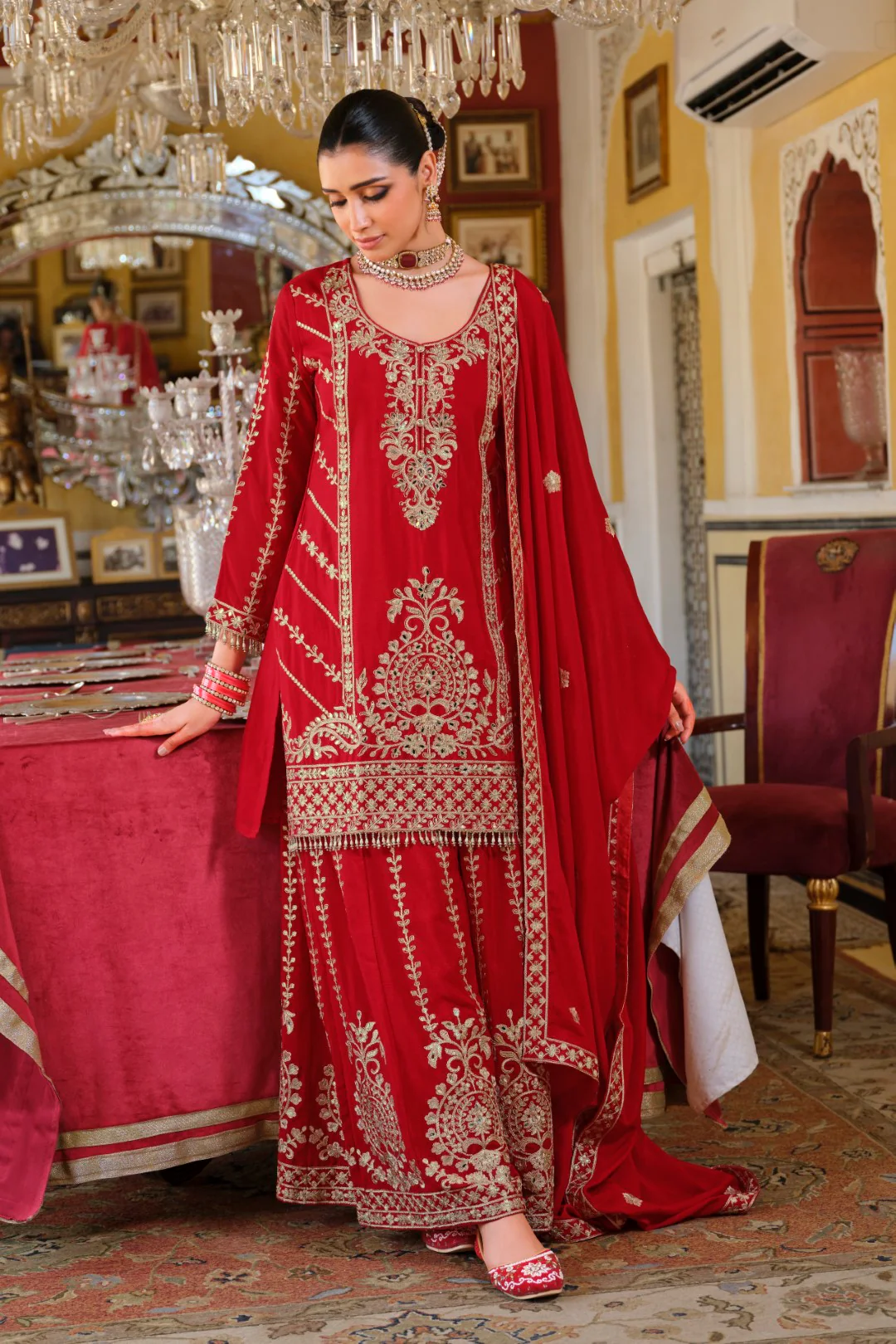 Sambhav Scarlet full heavy work gharara set - Image 7