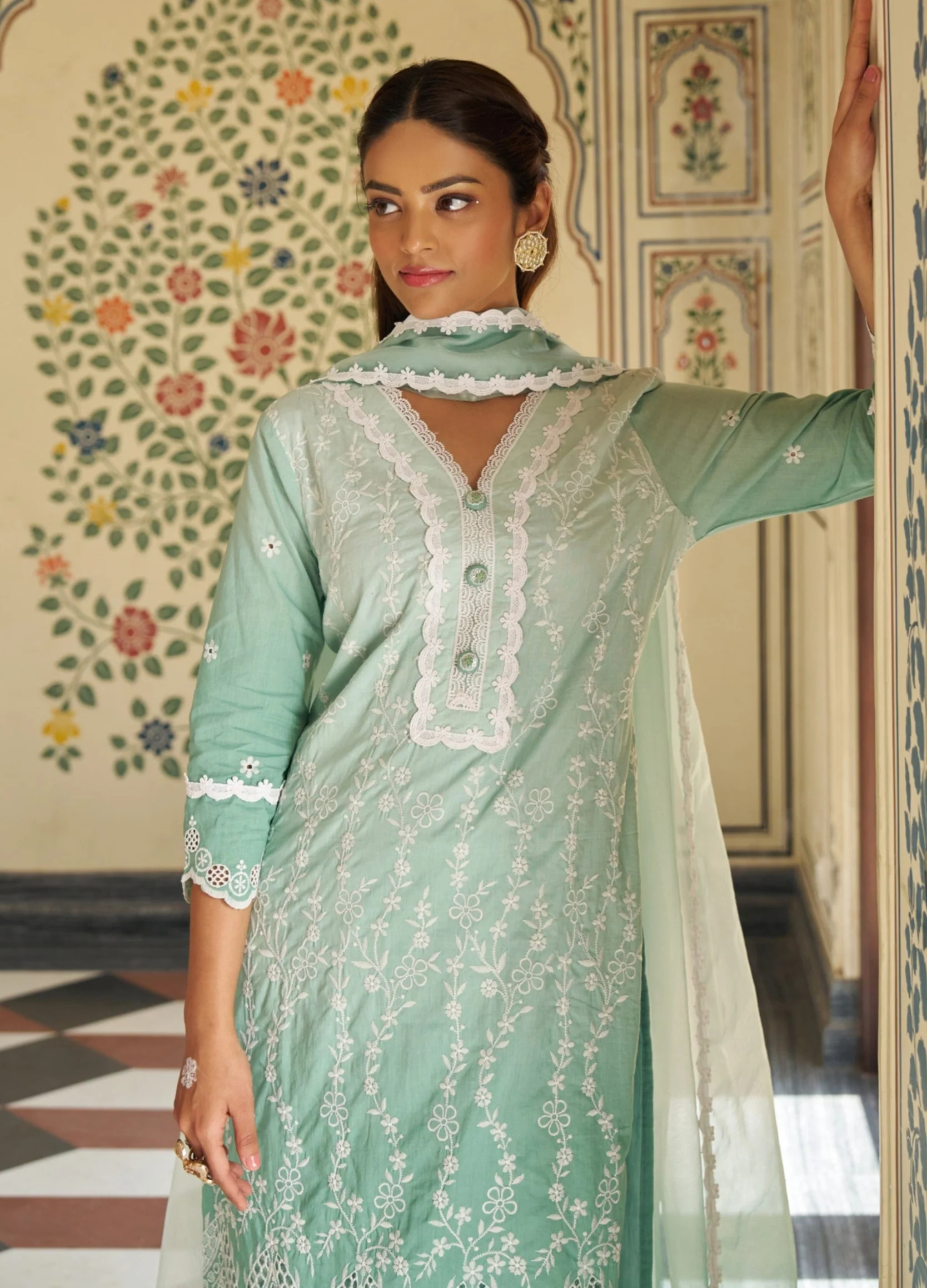 Anumeha Pine Shchiffli Embroidery Cotton Suit set - Image 2
