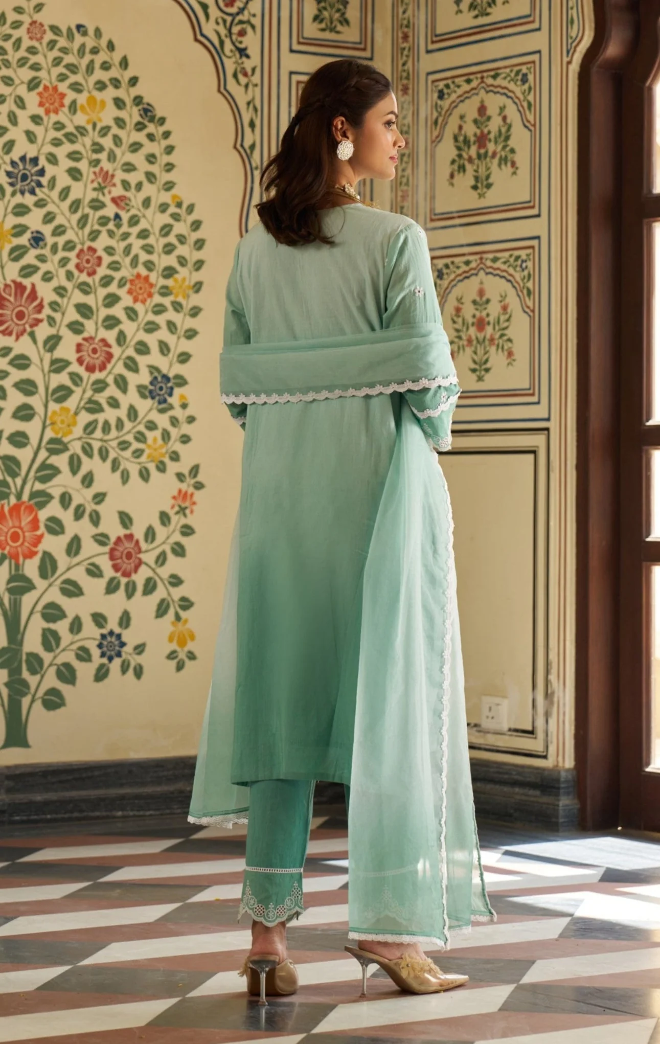 Anumeha Pine Shchiffli Embroidery Cotton Suit set - Image 3