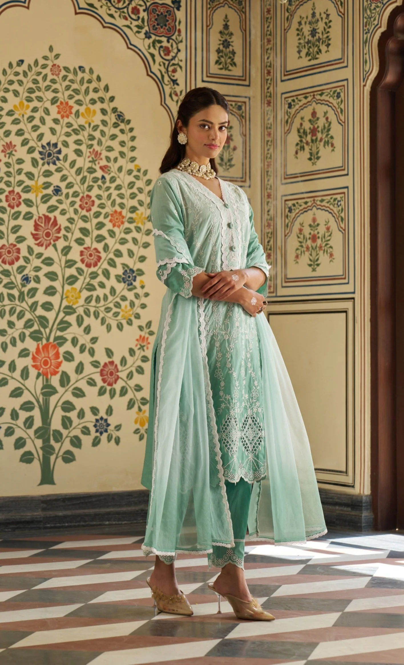 Anumeha Pine Shchiffli Embroidery Cotton Suit set - Image 4