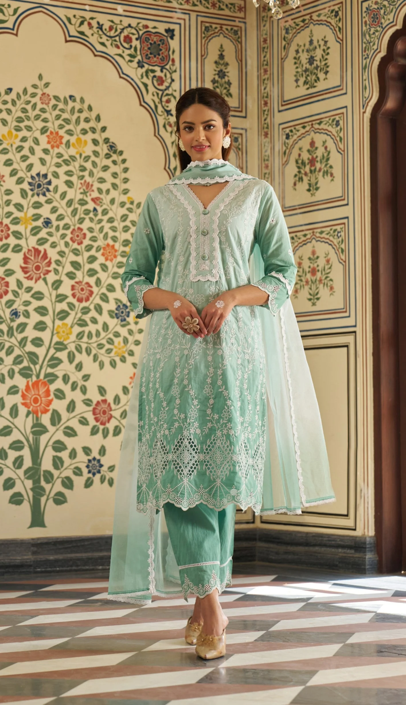 Anumeha Pine Shchiffli Embroidery Cotton Suit set - Image 5
