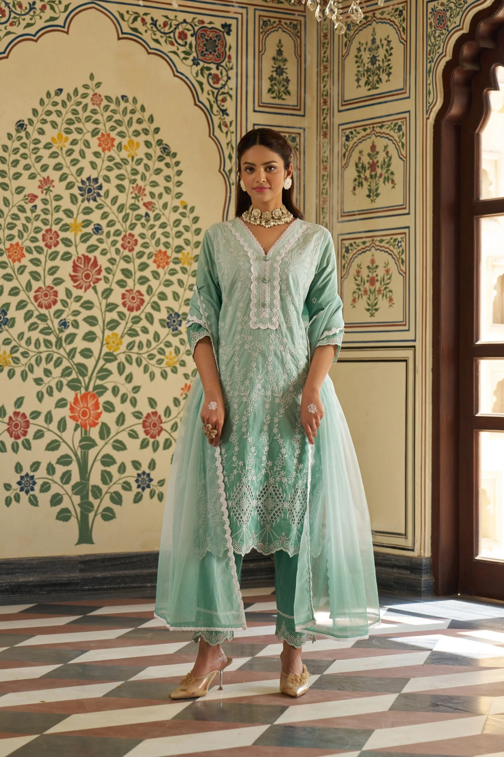Anumeha Pine Shchiffli Embroidery Cotton Suit set - Image 6