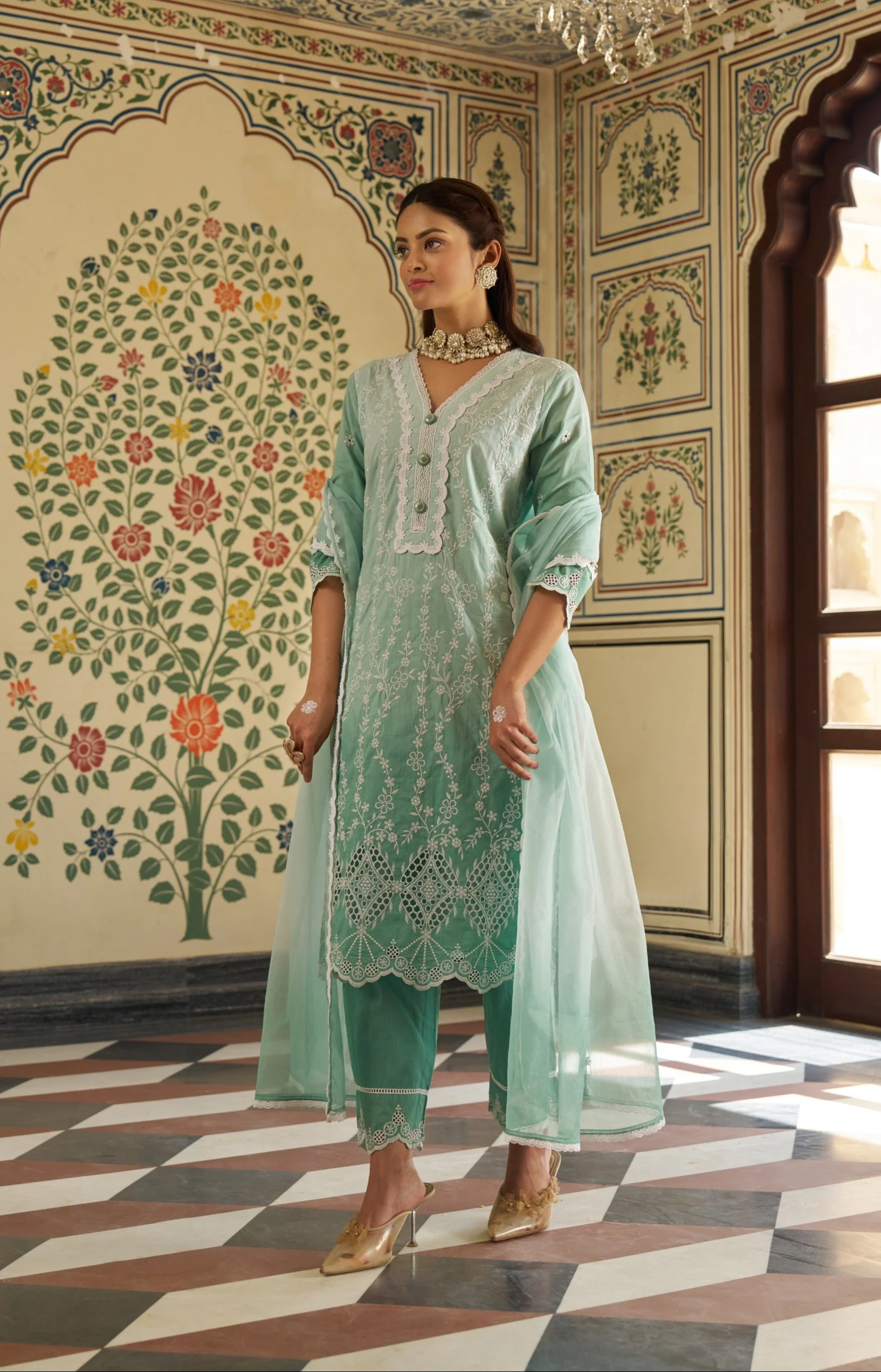 Anumeha Pine Shchiffli Embroidery Cotton Suit set - Image 7