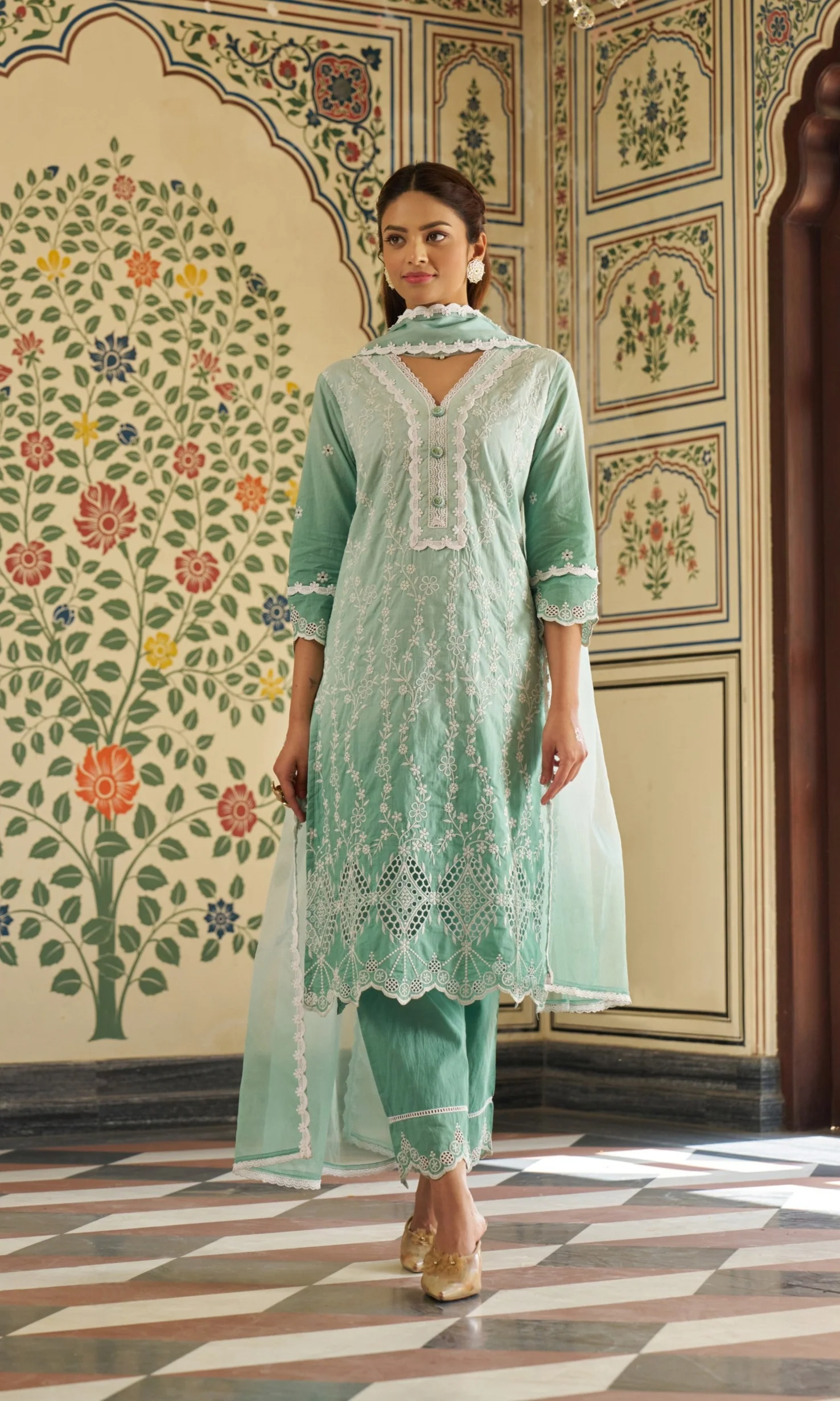 Anumeha Pine Shchiffli Embroidery Cotton Suit set - Image 8