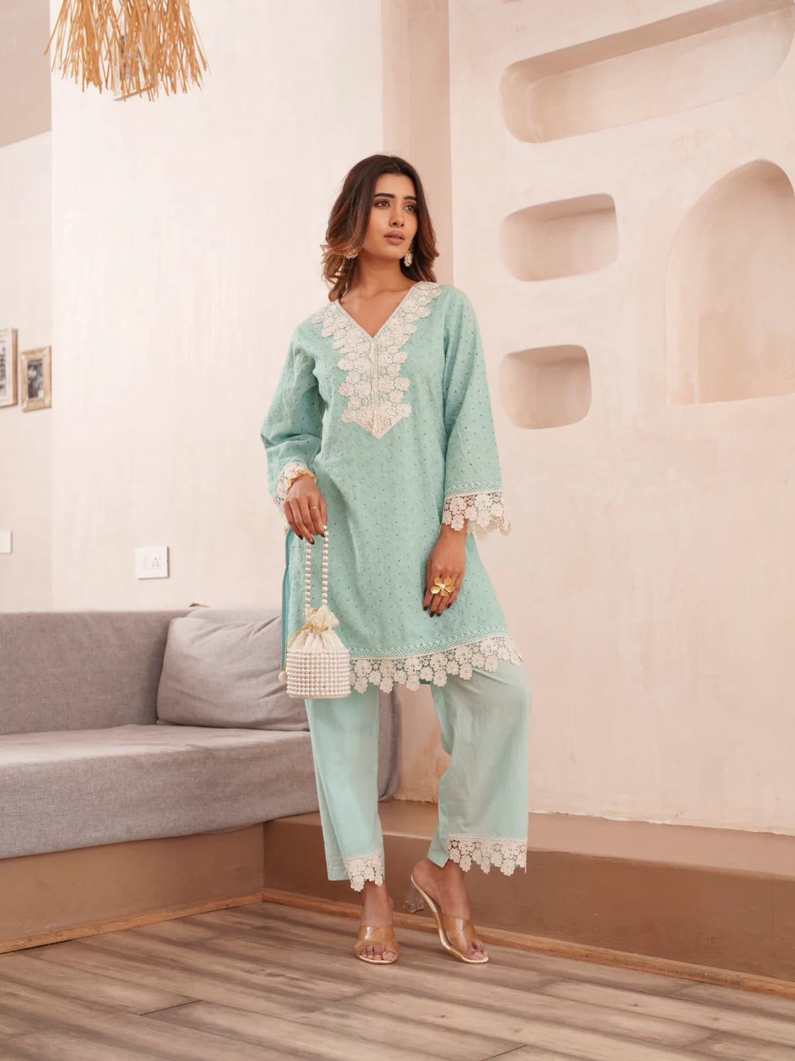 Subarna softblue Cotton Shchiffli Co-ord Set - Image 11