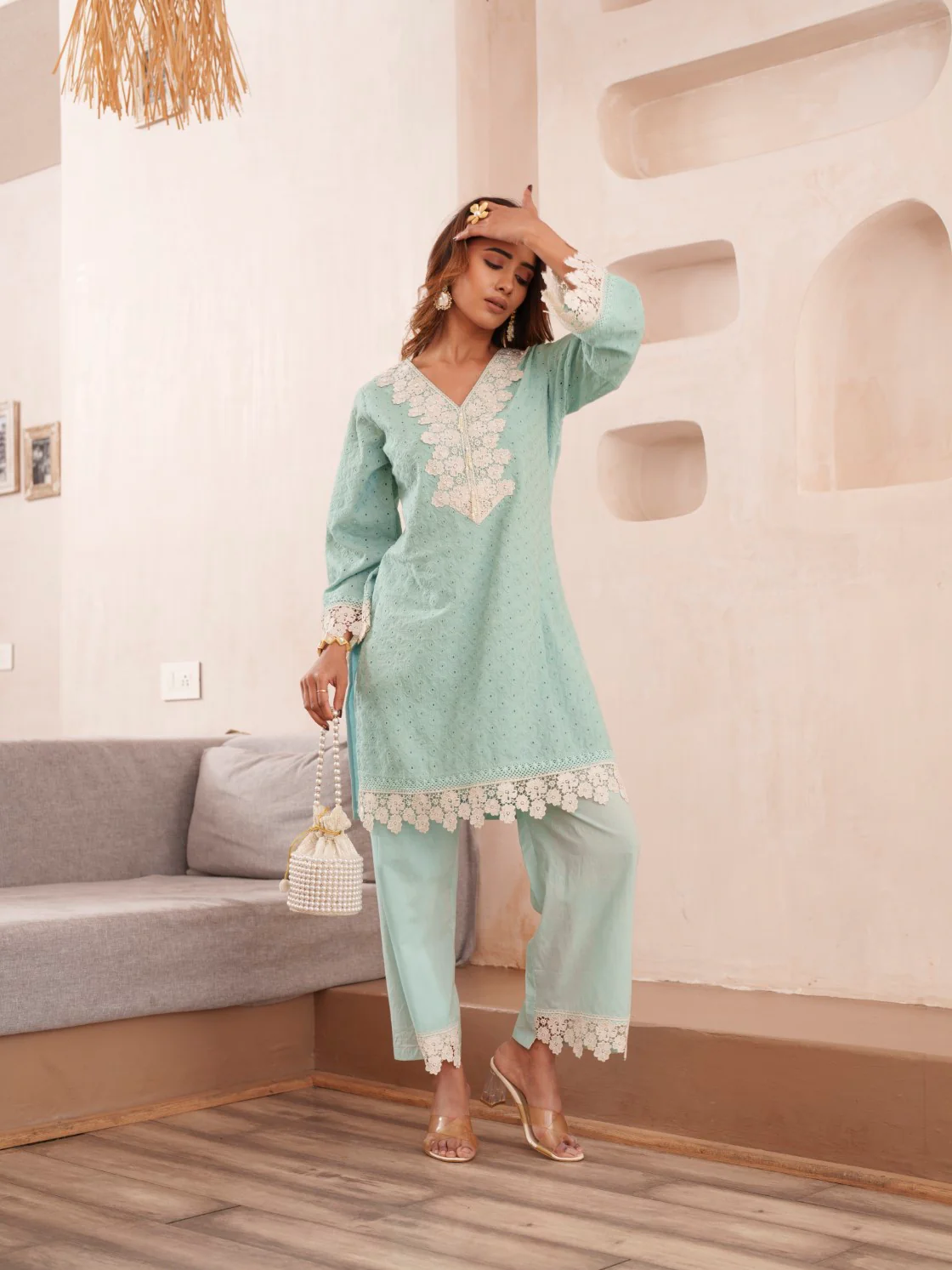 Subarna softblue Cotton Shchiffli Co-ord Set - Image 12