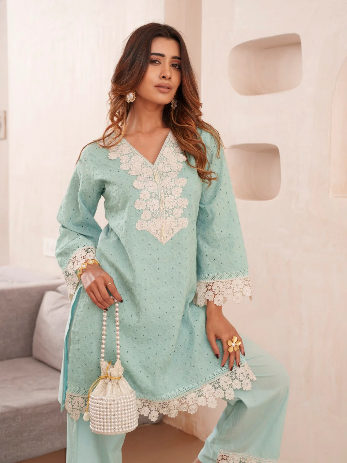 Subarna softblue Cotton Shchiffli Co-ord Set - Image 2