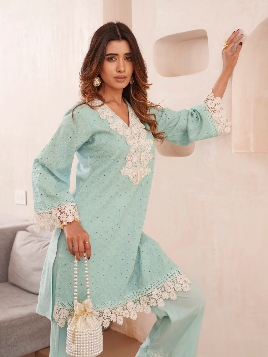 Subarna softblue Cotton Shchiffli Co-ord Set - Image 4