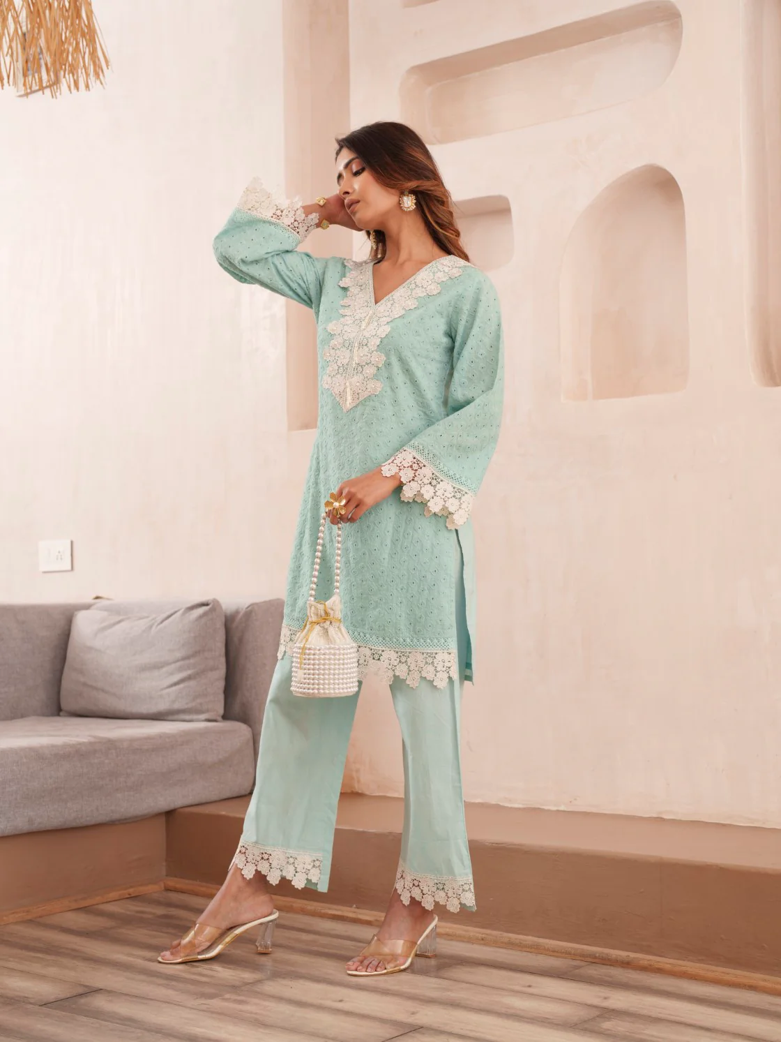 Subarna softblue Cotton Shchiffli Co-ord Set - Image 5