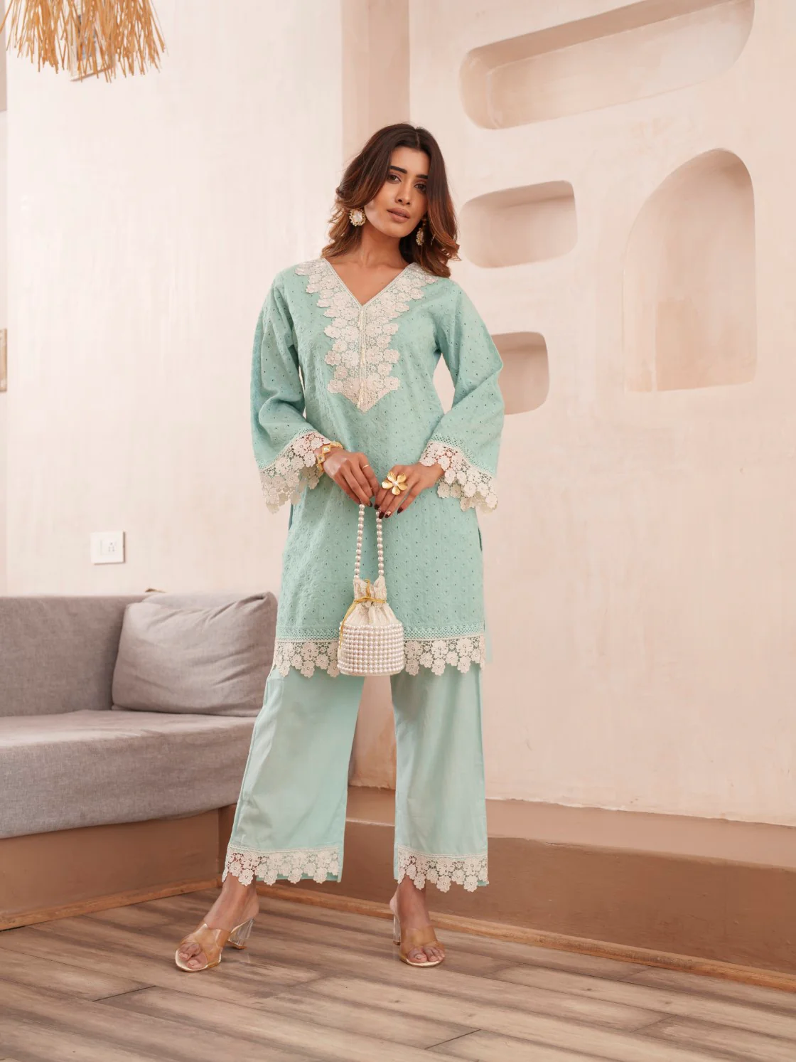 Subarna softblue Cotton Shchiffli Co-ord Set - Image 6