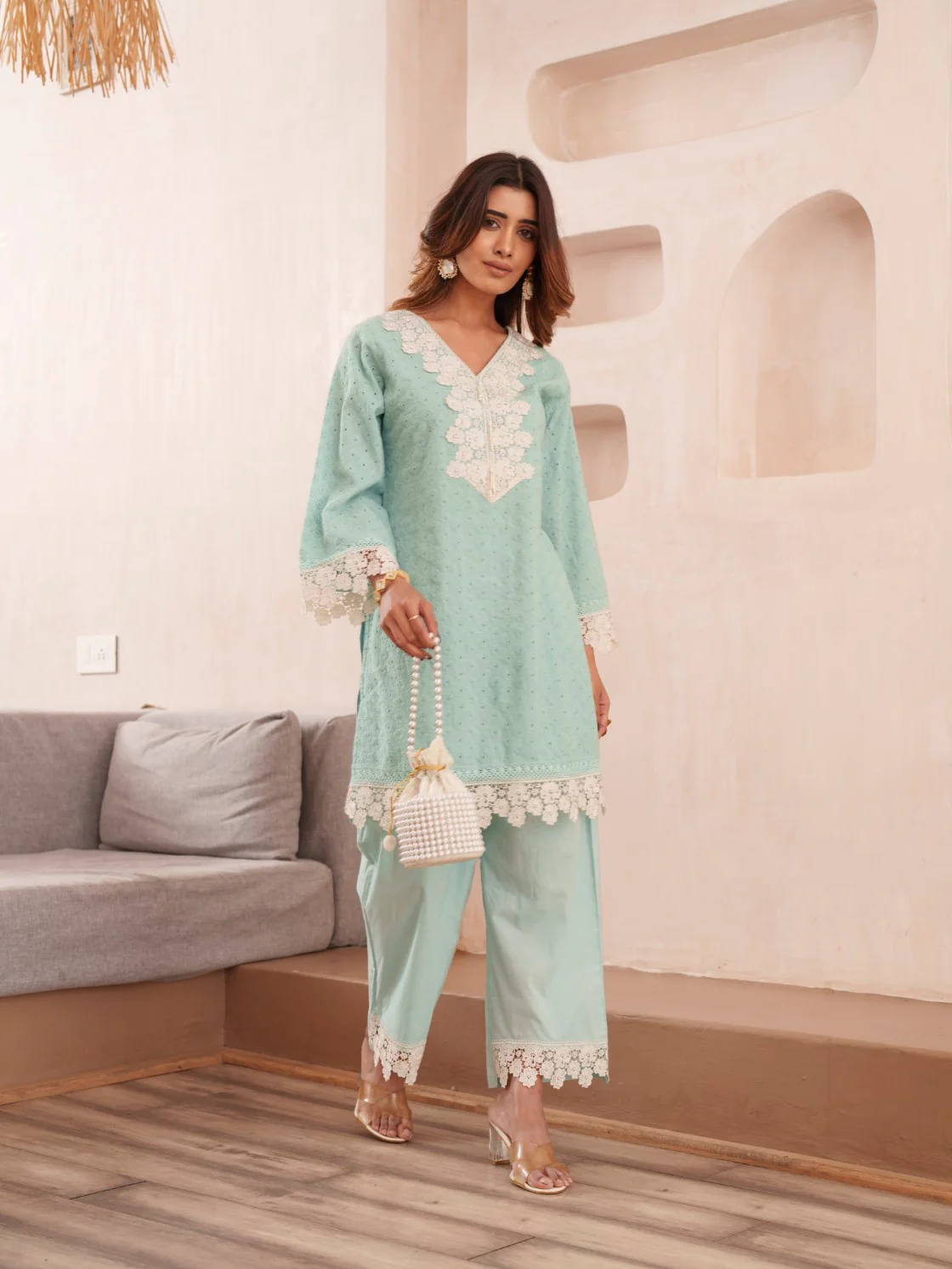 Subarna softblue Cotton Shchiffli Co-ord Set - Image 7